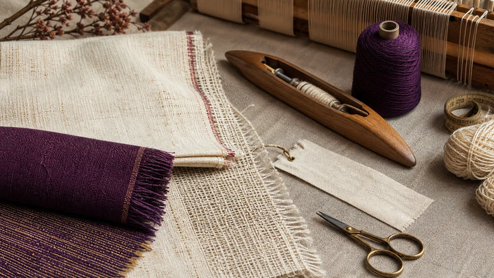 Generated editorial image of handloom textiles, yarn, and atelier tools for ethical fashion