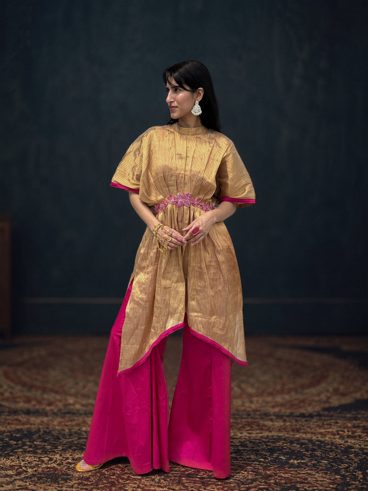 Golden Kaftan Kurta Set in handwoven Silk Zari Tissue Chanderi by Aishita Johri