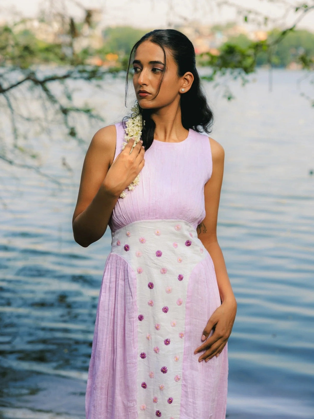 Lavender Haze Midi Dress in silk-linen Chanderi by Aishita Johri