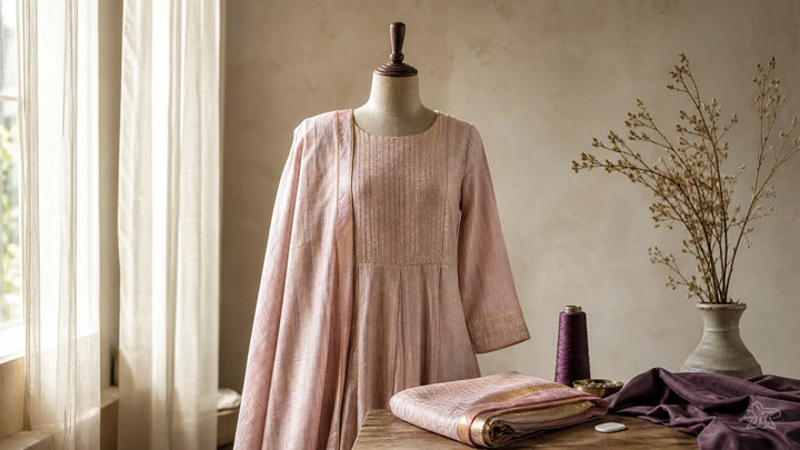 Generated editorial image of a soft rose handwoven dress in an A'Johri-inspired atelier