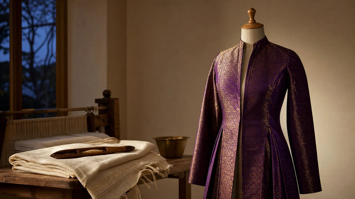 Generated editorial image of an aubergine handwoven garment for sustainable luxury fashion