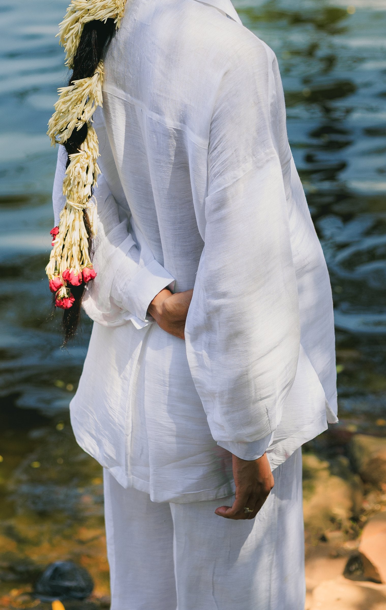 Kora Linen Shirt sleeve and side detail on model