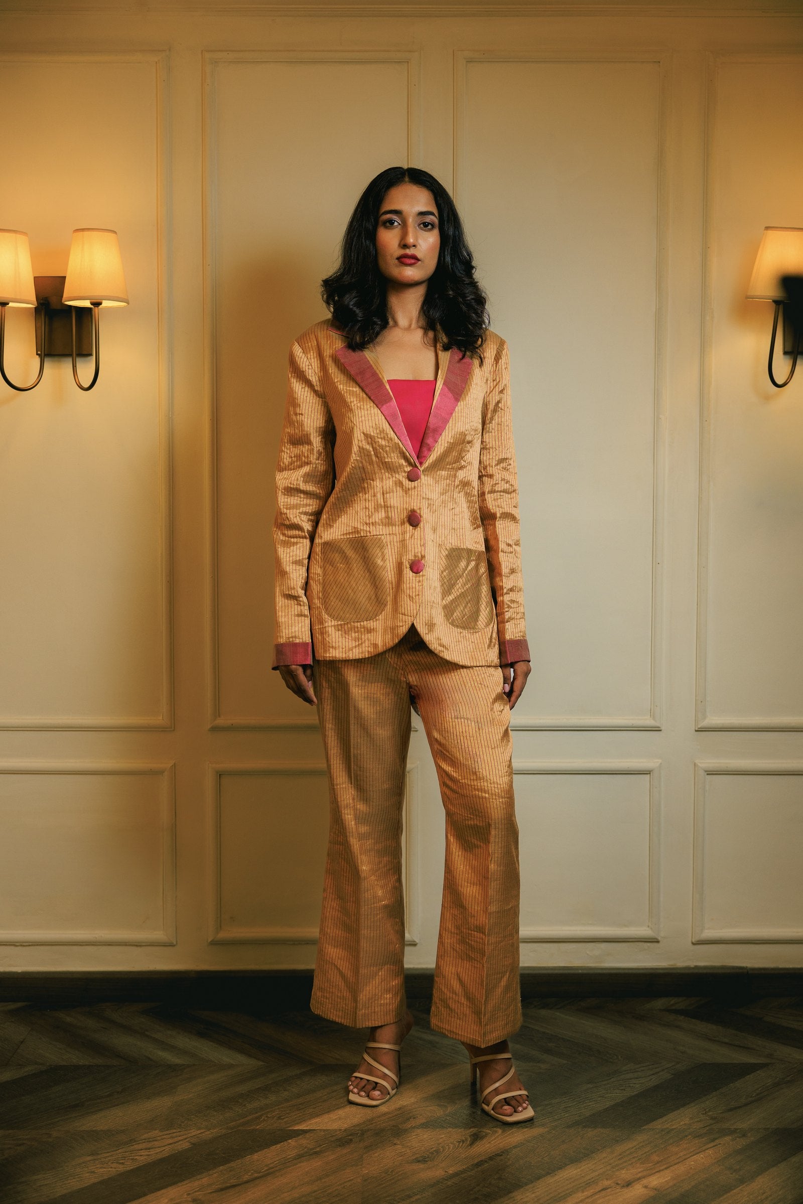 Gold Power Suit Coat styled with matching pants