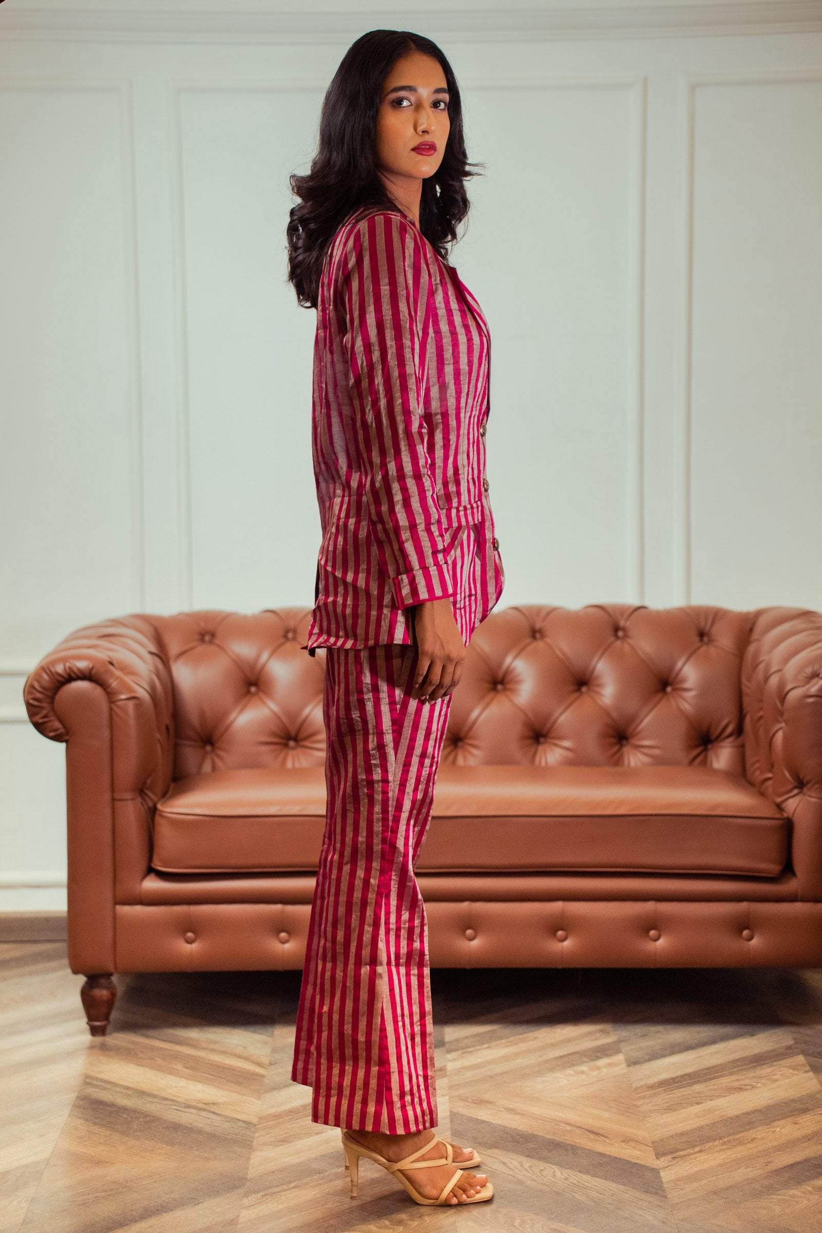 Rani Pink Power Suit Pants side view on model