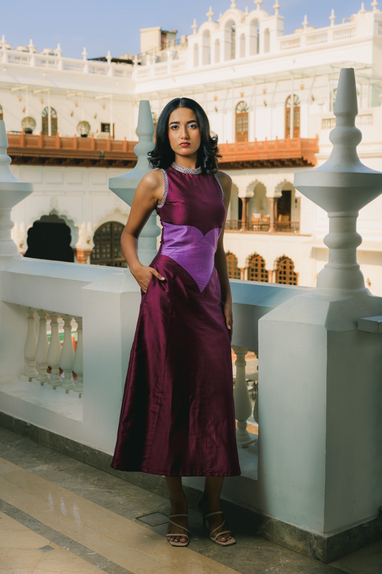 Mulberry Merlot Midi Dress full look campaign portrait