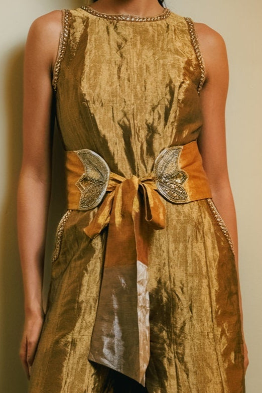 Gold Silk Jumpsuit full look campaign portrait