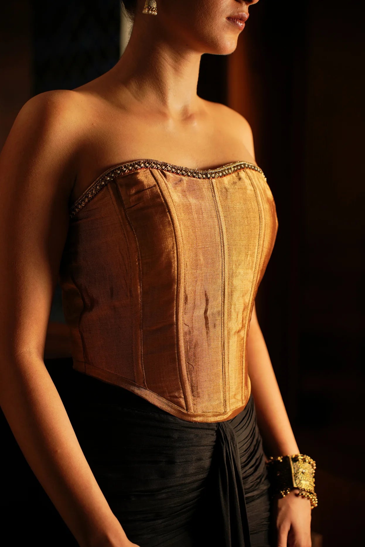 Handworked Silk Zari Chanderi corset close-up
